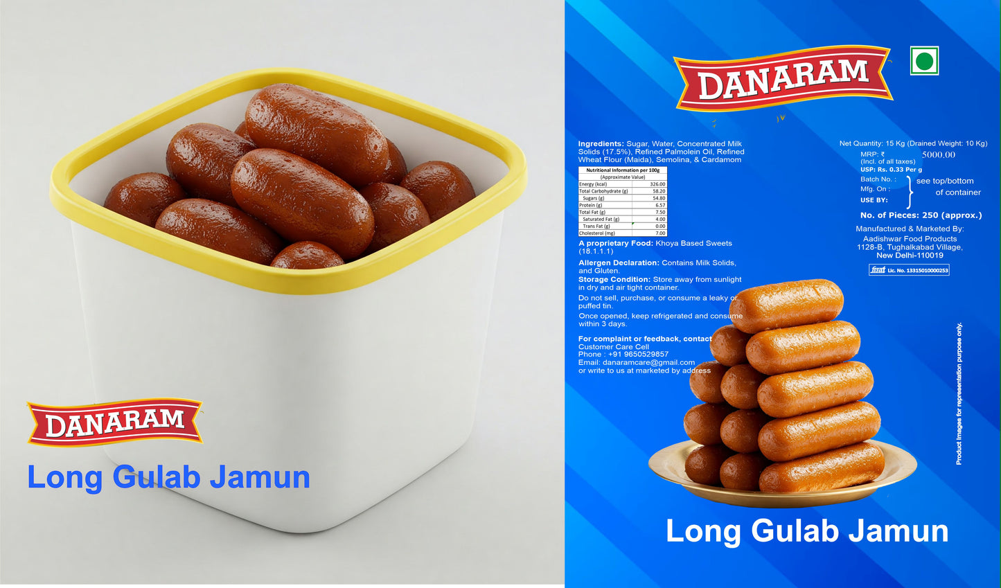 Danaram Long Gulab Jamun 16 Kg Bucket